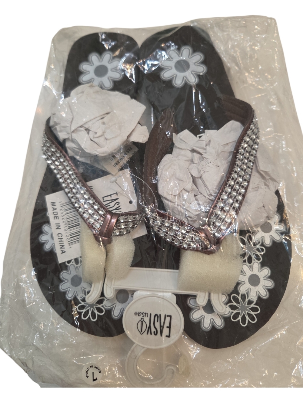 Easy USA Women's Rhinestone Flower Flip Flops Size 10